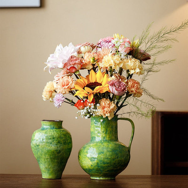 Centerpiece on Dining Table, Modern Pottery Flower Vases, Handmade Water Holding Flower Vases, Pottery Bud Vases, Large Green Flower Vases on Table-LargePaintingArt.com