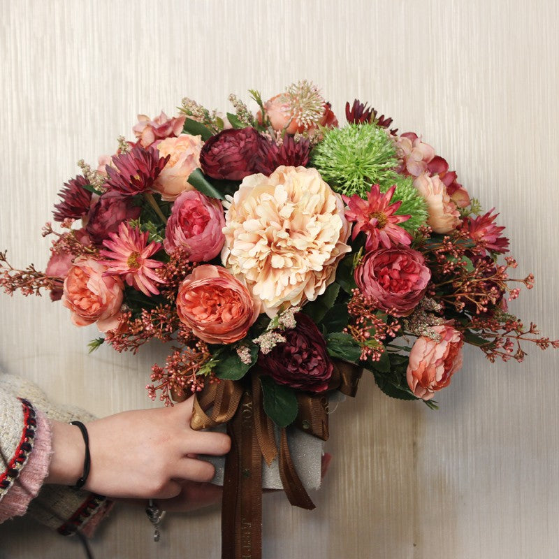 Amazing Artificial Floral Arrangement for Dining Room, Large Bunch of Autumn Flowers Arrangement, Peony Faux Silk Floral Bouquet Table Centerpiece-LargePaintingArt.com
