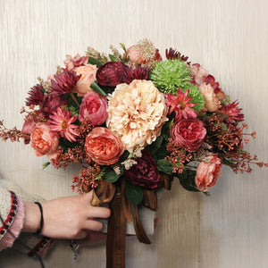 Amazing Artificial Floral Arrangement for Dining Room, Large Bunch of Autumn Flowers Arrangement, Peony Faux Silk Floral Bouquet Table Centerpiece-LargePaintingArt.com