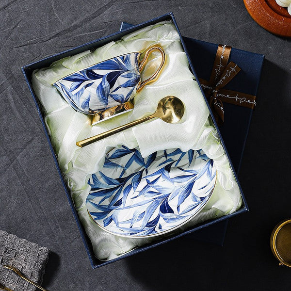 Unique British Tea Cup and Saucer in Gift Box, Blue Porcelain Tea Cup Saucer Set, 7.4 oz British Ceramic Coffee Cups-LargePaintingArt.com