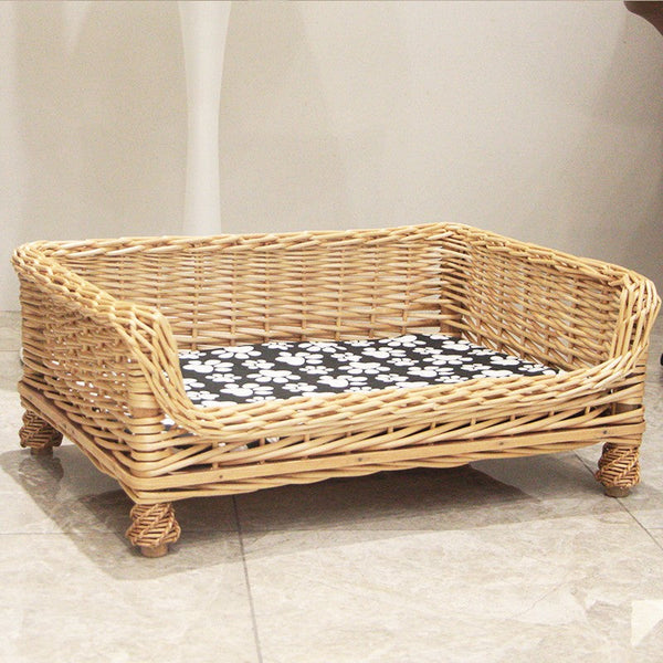 Hand Woven Rattan Cat Beds, Extra Large Natural Wicker Dog Bed with Washable Cushion for Indoor Cats and Dogs-LargePaintingArt.com