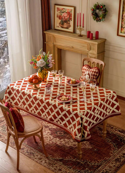 Holiday Red Tablecloth for Dining Table, Rabbit Pattern Table Cover for Dining Room Table, Modern Rectangle Tablecloth for Oval Table-LargePaintingArt.com