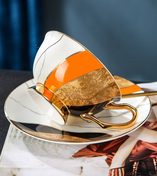 Elegant Royal Ceramic Coffee Cups, 6.8 oz Tea Cup and Saucer in Gift Box as Birthday Gift, Beautiful British Tea Cups, Creative Porcelain Tea Cup Set-LargePaintingArt.com