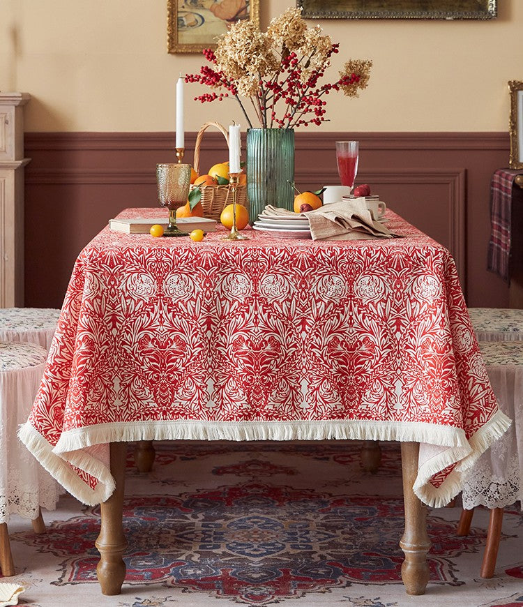 Large Fiberflax Rectangle Tablecloth for Home Decoration, Red Flower Pattern Tablecloth for Holiday Decoration, Square Tablecloth for Round Table-LargePaintingArt.com