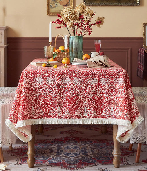 Large Fiberflax Rectangle Tablecloth for Home Decoration, Red Flower Pattern Tablecloth for Holiday Decoration, Square Tablecloth for Round Table-LargePaintingArt.com