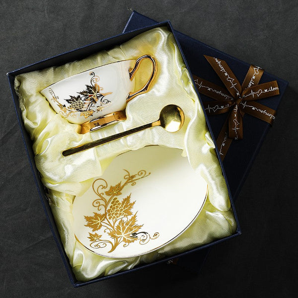 Elegant British Ceramic Coffee Cups, 7.4 oz Golden Leaves and Grapes Porcelain Tea Cup Saucer Set, Unique British Tea Cup and Saucer in Gift Box-LargePaintingArt.com