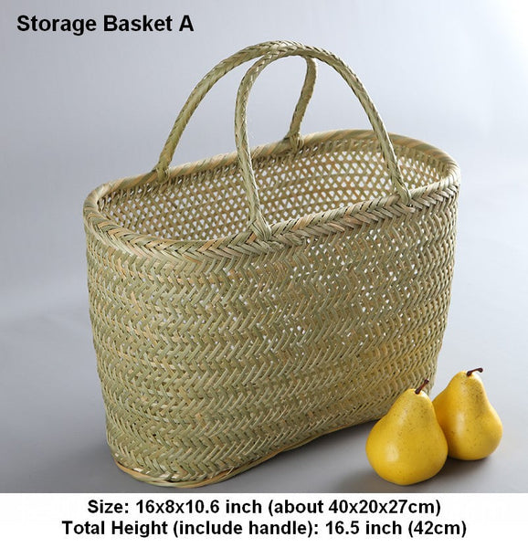 Natural Fruit Basket Kitchen Storage Baskets, Lovely Bamboo Baskets for Vegetable, Picnic Food Basket with Handle, Large Natural Hand-woven Bamboo Basket-LargePaintingArt.com