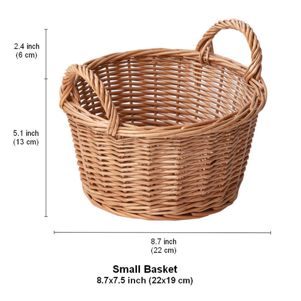 Large Picnic Fruit Basket with Handle, Natural Hand-woven Wicker Round Storage Basket, Lovely Willow Weaving Baskets for Vegetable, Natural Fruit Storage Basket, Kitchen Storage Baskets-LargePaintingArt.com