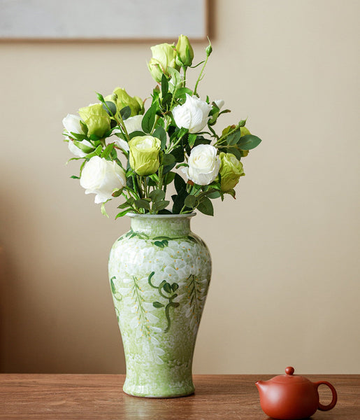 Large Flower Vases on Table, Green Porcelain Flower Vases, Centerpiece Ceramic Bud Vases, Handmade Water Holding Flower Vase-LargePaintingArt.com