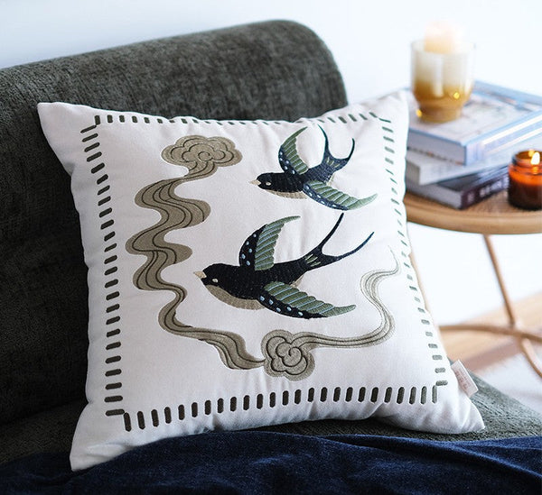 Luxury Decorative Pillows for Couch, Modern Throw Pillows for Couch, Vintage Decorative Pillows, Embroidered Swallow Birds Cushion, Decorative Pillow Arrangement Ideas for Bed-LargePaintingArt.com