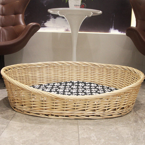 Natural Wicker Dog Bed with Washable Cushion for Indoor Cats and Dogs, Hand woven Rattan Cat Beds-LargePaintingArt.com