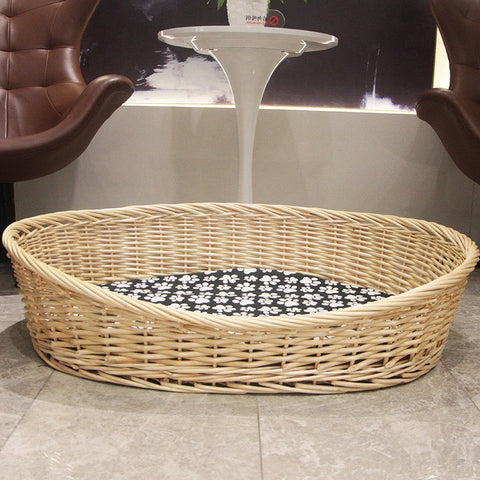 Natural Wicker Dog Bed with Washable Cushion for Indoor Cats and Dogs, Hand woven Rattan Cat Beds-LargePaintingArt.com