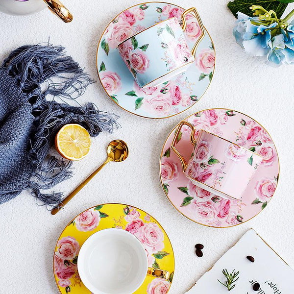 Porcelain Coffee Cups, British Tea Cups, Yellow Coffee Cups with Gold Trim and Gift Box, Rose Flower Tea Cups and Saucers, Latte Coffee Cups-LargePaintingArt.com