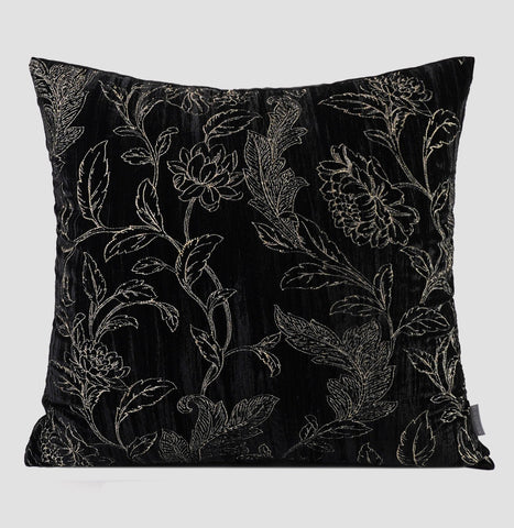 Contemporary Modern Sofa Pillows, Black Embroidery Flower Pattern Pillows for Couch, Decorative Throw Pillows for Bedroom, Large Modern Sofa Pillow for Dining Room-LargePaintingArt.com