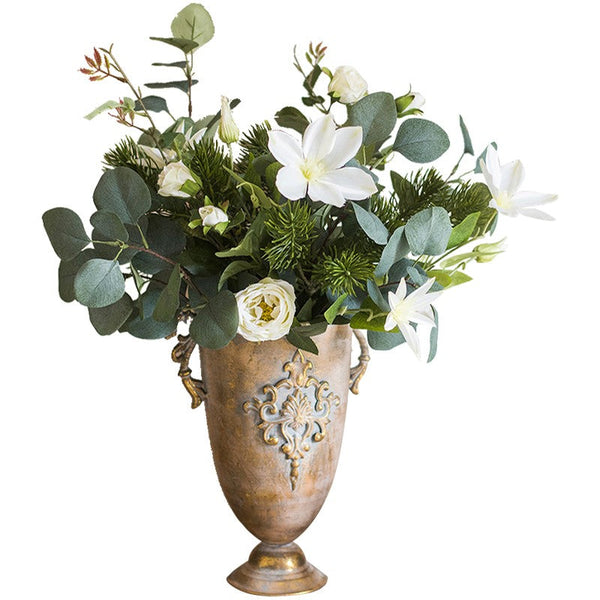 Eucalyptus Globulus, Clematis, White Rose Flowers, Unique Flower Arrangement for Home Decoration, Beautiful Modern Artificial Flowers for Dining Room Table-LargePaintingArt.com