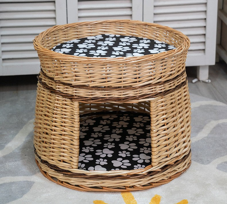 Large Double-Layer Cat Bed, Wicker Cat House Basket with Washable Cushion for Indoor Cats and Dogs-LargePaintingArt.com