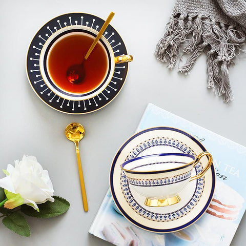 British Tea Cups, Porcelain Coffee Cups, Latte Coffee Cups, Tea Cups and Saucers, Coffee Cups with Gold Trim and Gift Box-LargePaintingArt.com