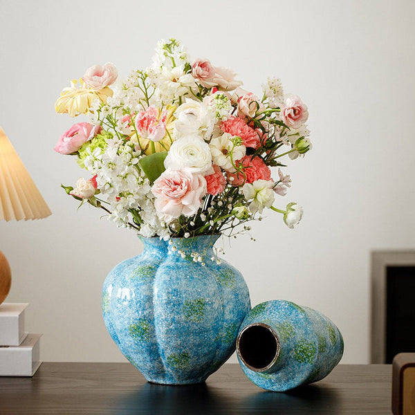 Pottery Flower Vases, Modern Bouquet Flower Vases, Centerpiece on Dining Table, Blue Flower Vase on Table, Handmade Water Holding Flower Vases-LargePaintingArt.com