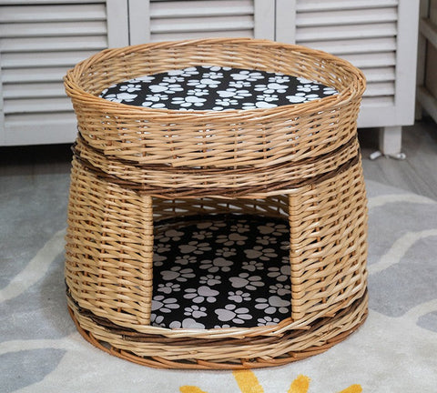 Large Double-Layer Cat Bed, Wicker Cat House Basket with Washable Cushion for Indoor Cats and Dogs-LargePaintingArt.com