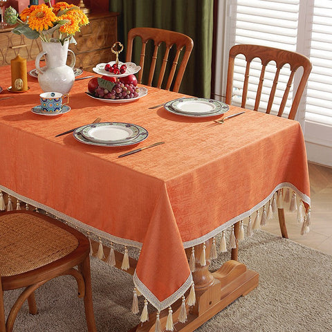 Modern Rectangle Tablecloth, Large Simple Table Cover for Dining Room Table, Orange Fringes Tablecloth for Home Decoration, Square Tablecloth for Round Table-LargePaintingArt.com