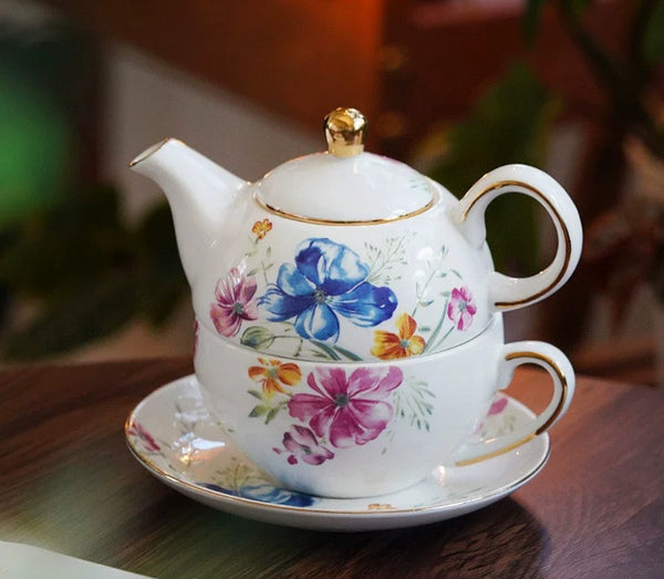 Ceramic Tea Pot with Integrated Cup, Stackable Teapot and Cup Set, Porcelain Teapot with Matching Cup and Saucer in Gift Box, Mother and Baby Teapot with Matching Saucer-LargePaintingArt.com