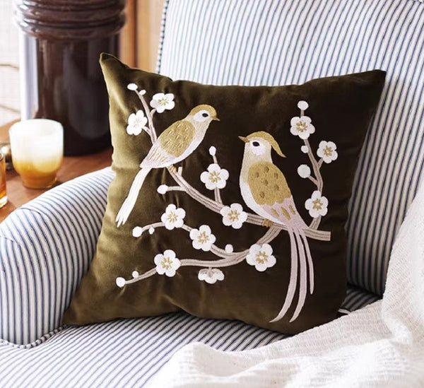 Embroidered birds cushion, Decorative Pillows for Couch, Vintage Decorative Pillows, Modern Throw Pillows for Bedroom, Decorative Pillow Arrangement Ideas for Couch-LargePaintingArt.com