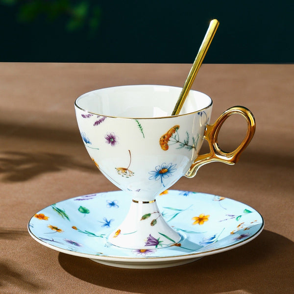 Elegant British Ceramic Coffee Cup with Saucer, 6.8 oz Tea Cup and Saucer Set in Gift Box, Floral Porcelain Tea Cup and Saucer Set, Flower Ceramic Tea Cup and Saucer-LargePaintingArt.com