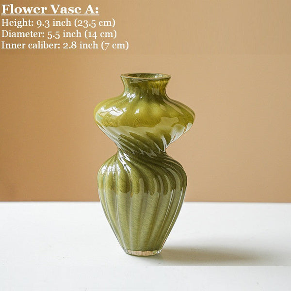 Handmade Contemporary Glass Vases, Modern Green Vases for Living Room, Mid Century Vases for Flowers, Unique Decorative Glass Vase, Centerpiece Vases on Table-LargePaintingArt.com