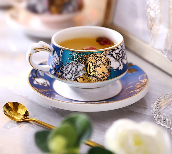 Unique Ceramic Cups with Gold Trim and Gift Box, Creative Ceramic Tea Cup and Saucer, Jungle Tiger Cheetah Porcelain Coffee Cups-LargePaintingArt.com