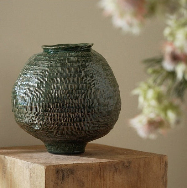 Centerpiece Ceramic Bouquet Vases, Green Porcelain Vases for Modern Home Decor, Large Contemporary Vases on Dining Table, Handmade Modern Flower Vase-LargePaintingArt.com