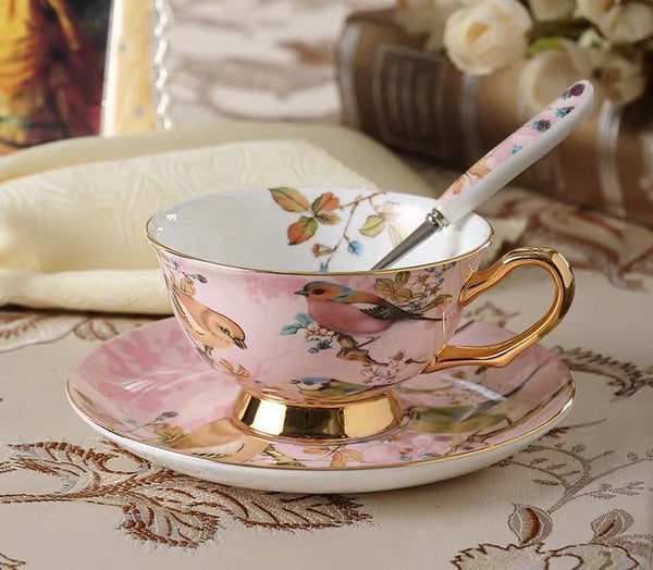 Elegant Ceramic Coffee Cups, 7.4 oz British Tea Cups, Bird Porcelain Tea Cup Saucer Set, Tea Cup and Saucer in Gift Box as Birthday Gift-LargePaintingArt.com