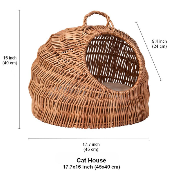 Indoor Cat Bed, Natural Wicker Cat House Basket with Washable Cushion for Indoor Cats and Dogs-LargePaintingArt.com