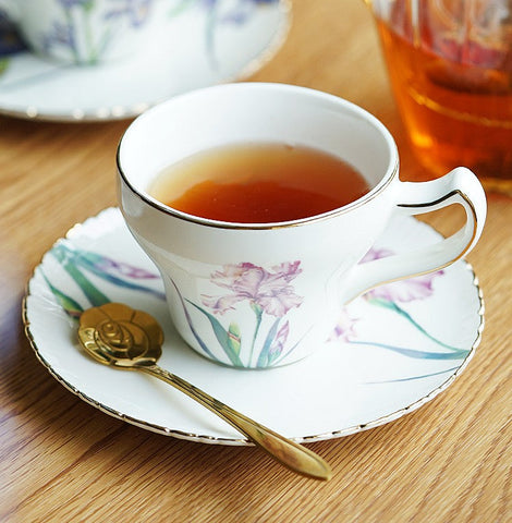 Iris Flower British Tea Cups, Beautiful Bone China Porcelain Tea Cup Set, Traditional English Tea Cups and Saucers, Unique Ceramic Coffee Cups in Gift Box-LargePaintingArt.com