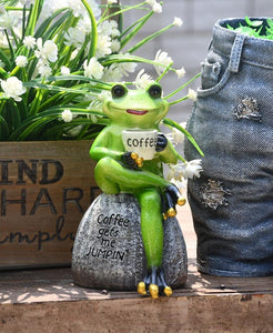 Frog Drinking Coffee Statue for Garden, Animal Statue for Garden Courtyard Ornament, Villa Outdoor Decor Gardening Ideas-LargePaintingArt.com