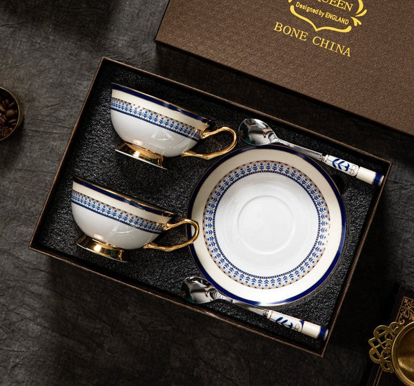 Blue Porcelain Tea Cup Saucer Set, Elegant British Ceramic Coffee Cups, Unique British Tea Cup and Saucer in Gift Box-LargePaintingArt.com