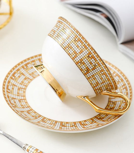 Handmade Elegant British Ceramic Coffee Cups, 6.8 oz Tea Cup and Saucer in Gift Box, Porcelain Tea Cup Set for Office, Yellow Ceramic Cups-LargePaintingArt.com