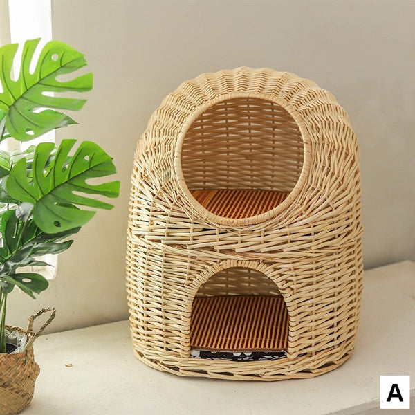 Large Double-Layer Cat Bed, Wicker Cat House Basket with Washable Cushion for Indoor Cats and Dogs-LargePaintingArt.com