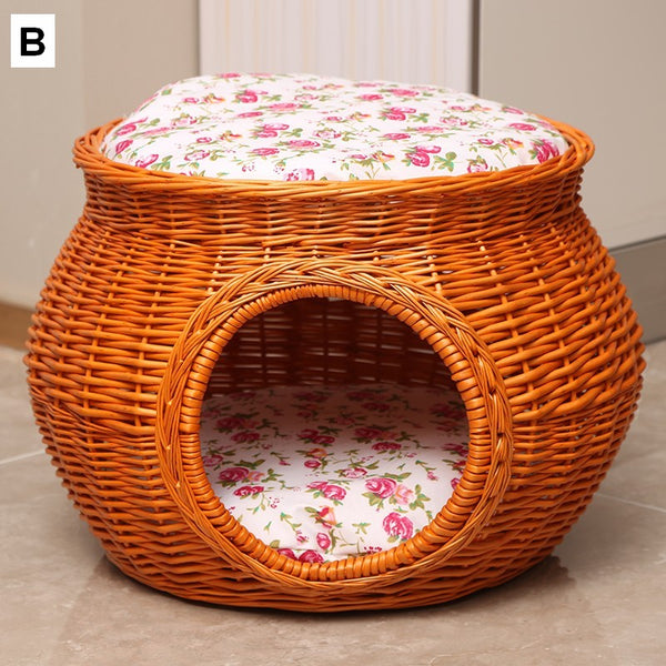 Wicker Cat House Basket with Washable Cushion for Indoor Cats and Dogs, Rattan Cat Bed-LargePaintingArt.com