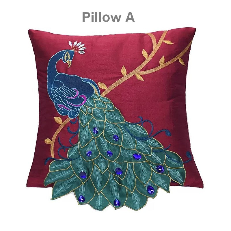 Embroider Peacock Cotton and linen Pillow Cover, Beautiful Decorative Throw Pillows, Decorative Sofa Pillows, Decorative Pillows for Couch-LargePaintingArt.com