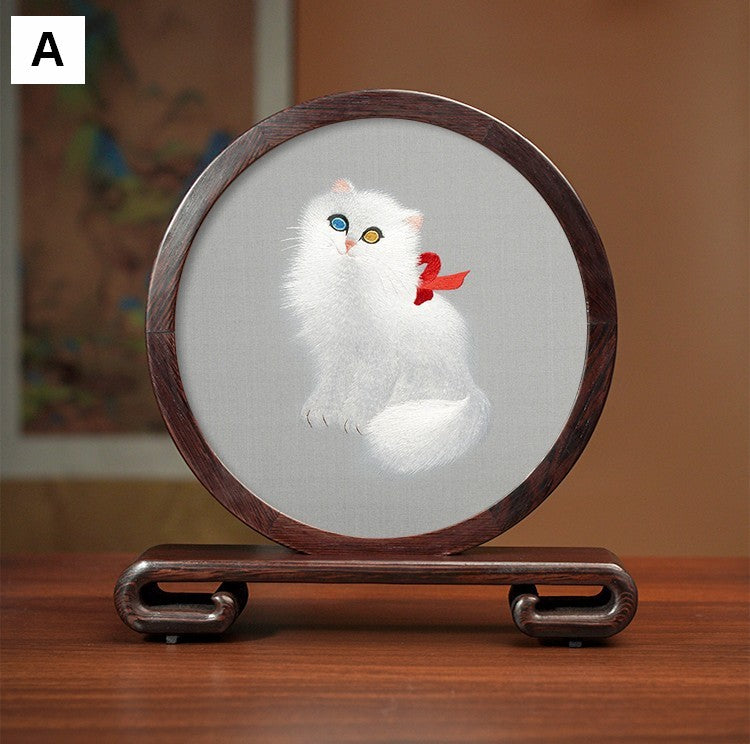 Exclusive Business Present, Lovely Kitty Cat Embroidered Decor, Premium Souvenir, Unique Birthday Gift, Traditional Chinese Suzhou Kitten Embroidery Ornament-LargePaintingArt.com