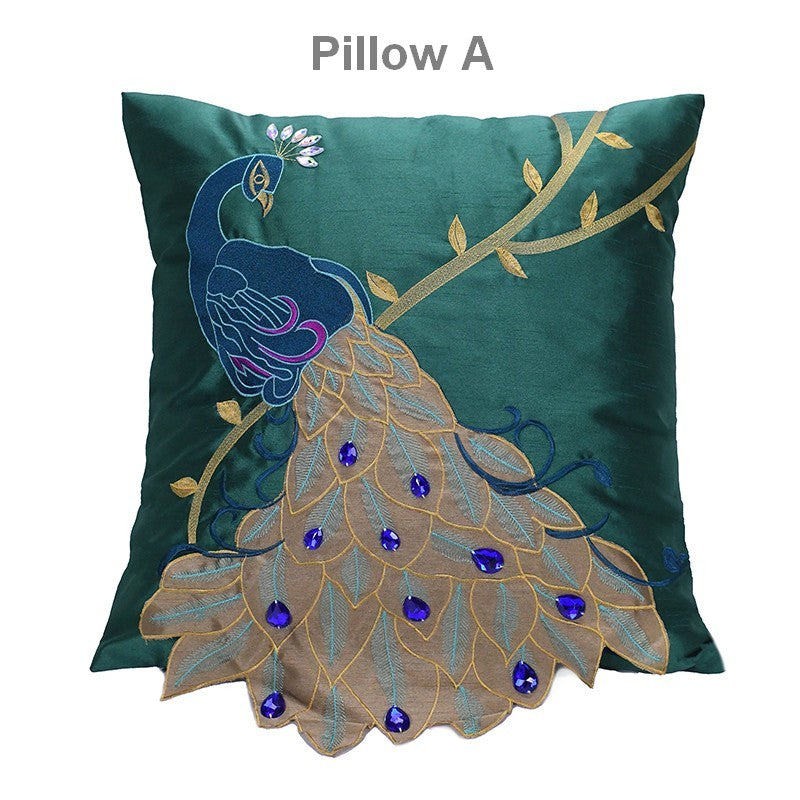 Decorative Sofa Pillows, Decorative Pillows for Couch, Beautiful Decorative Throw Pillows, Green Embroider Peacock Cotton and linen Pillow Cover-LargePaintingArt.com