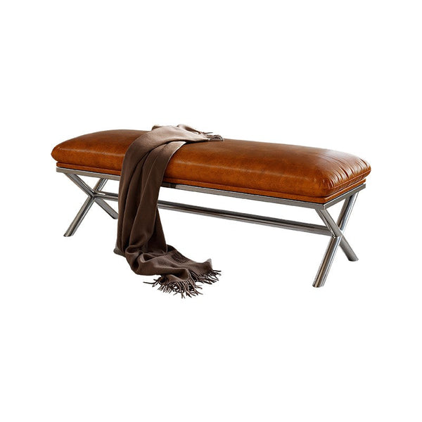 Upholstered Shoe Bench, Contemporay Bedroom Bench, Luxury Genuine Leather Entry Bench, Narrow Entryway Bench, Modern Shoe Changing Ottoman, Mid-Century Hall Bench-LargePaintingArt.com