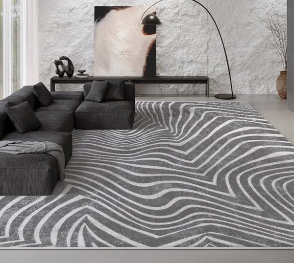 Mid Century Area Rugs for Living Room, Black Stripe Area Rugs under Sofa, Abstract Contemporary Rugs for Bedroom, Modern Carpets for Office, Dining Room Floor Rugs-LargePaintingArt.com