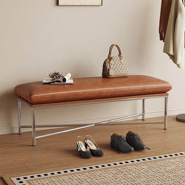 Contemporay Bedroom Bench, Upholstered Shoe Bench, Luxury Genuine Leather Entry Bench, Narrow Entryway Bench, Modern Shoe Changing Ottoman, Mid-Century Hall Bench-LargePaintingArt.com