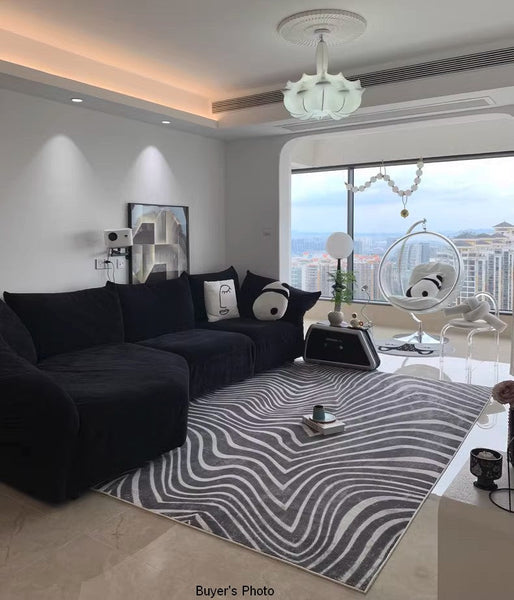 Mid Century Area Rugs for Living Room, Black Stripe Area Rugs under Sofa, Abstract Contemporary Rugs for Bedroom, Modern Carpets for Office, Dining Room Floor Rugs-LargePaintingArt.com