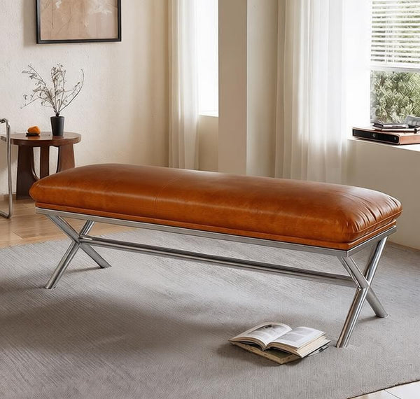 Upholstered Shoe Bench, Contemporay Bedroom Bench, Luxury Genuine Leather Entry Bench, Narrow Entryway Bench, Modern Shoe Changing Ottoman, Mid-Century Hall Bench-LargePaintingArt.com