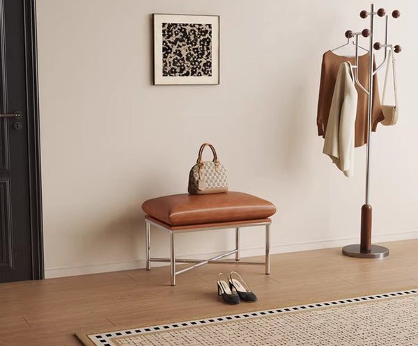 Contemporay Bedroom Bench, Upholstered Shoe Bench, Luxury Genuine Leather Entry Bench, Narrow Entryway Bench, Modern Shoe Changing Ottoman, Mid-Century Hall Bench-LargePaintingArt.com