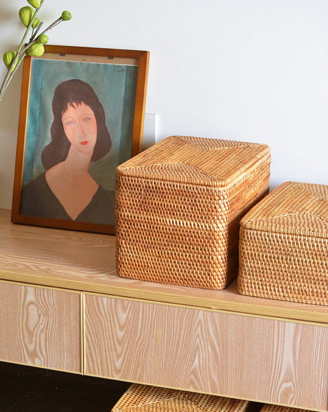 Storage Baskets with Lid, Rectangular Storage Baskets, Storage Baskets for Clothes, Pantry Storage Baskets, Rattan Woven Storage Basket for Bedroom-LargePaintingArt.com