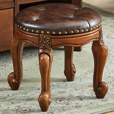 Genuine Leather Solid Wood Entry Bench, Vintage Round Stool, Solid Wood Ottoman, Rubberwood Entry Bench, Vanity Stool-LargePaintingArt.com