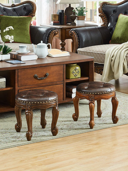 Genuine Leather Solid Wood Entry Bench, Vintage Round Stool, Solid Wood Ottoman, Rubberwood Entry Bench, Vanity Stool-LargePaintingArt.com